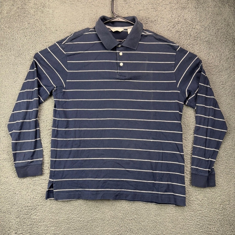 Turnbury Mens Long Sleeve Polo Shirt‎ Navy Blue White Striped Cotton Size M